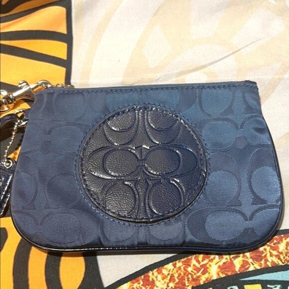 Coach Navy Blue Signature Medallion Wristlet - Picture 1 of 13